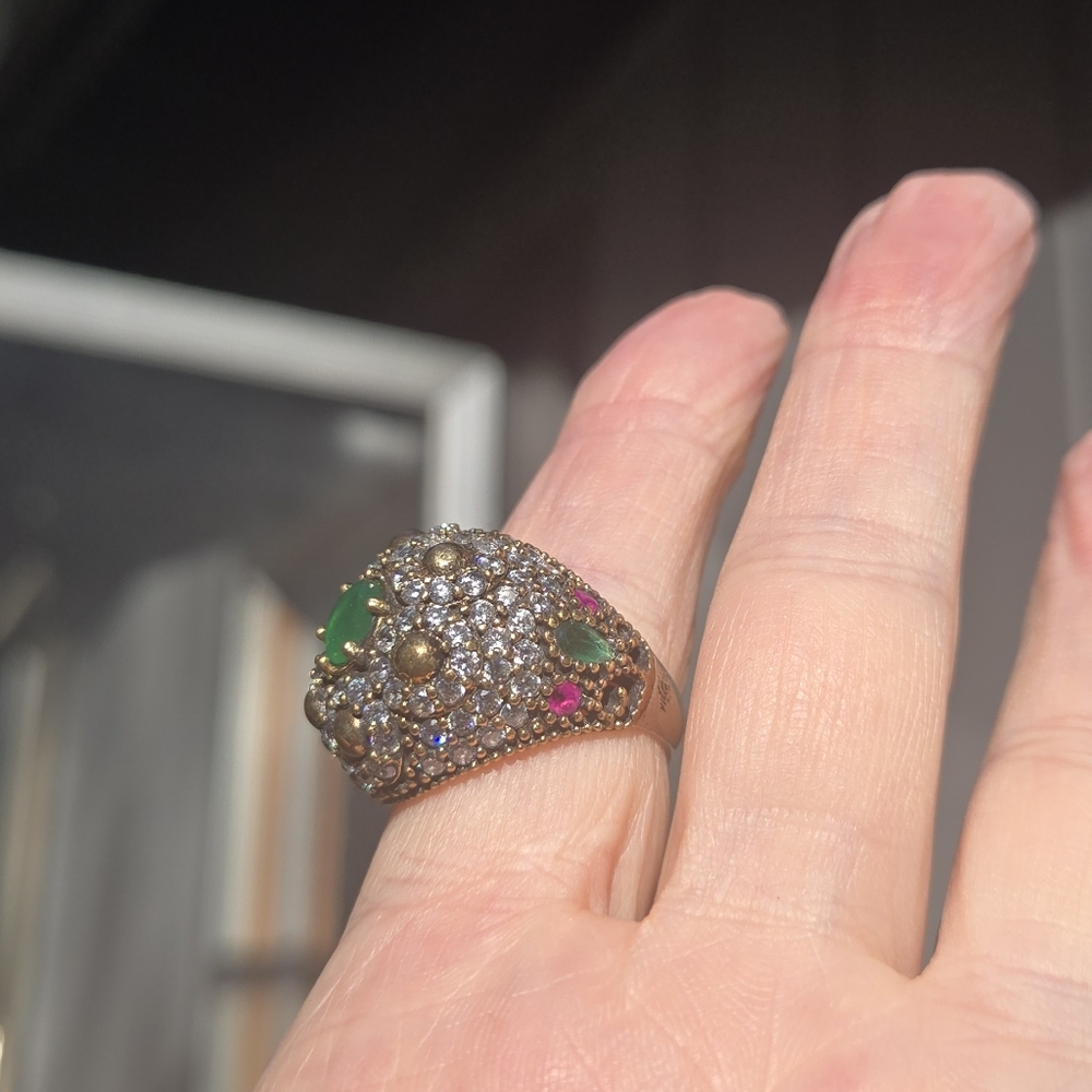 Emerald Topaz & ruby Sterling & Gold Large Ottoman ring Sz7.75 - Picture 8 of 14